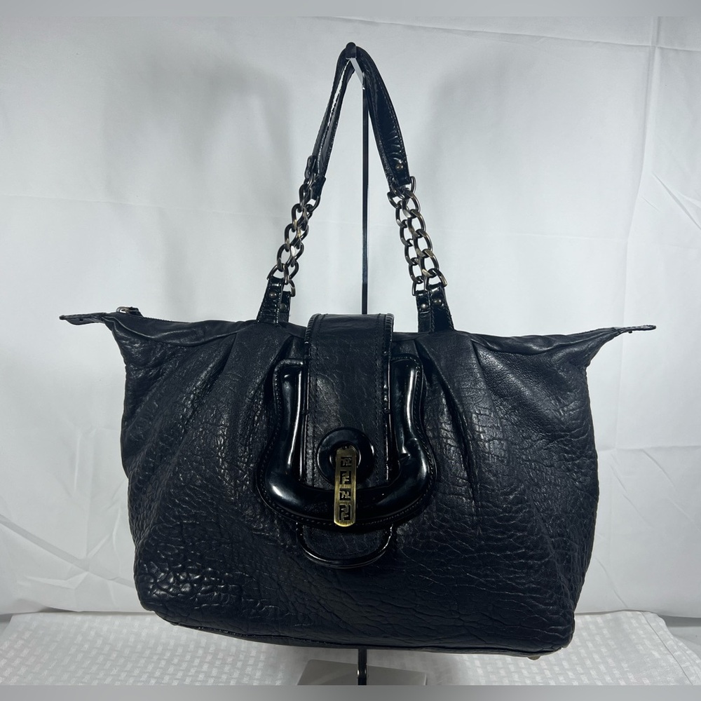 3036: Fendi Black Pebbled Leather Chain Shoulder Bag FF Turnlock